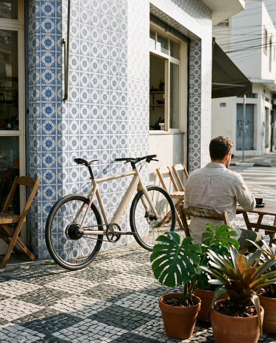 Volta One encostada na fachada de azulejos de um café, com um cliente sentado à mesa