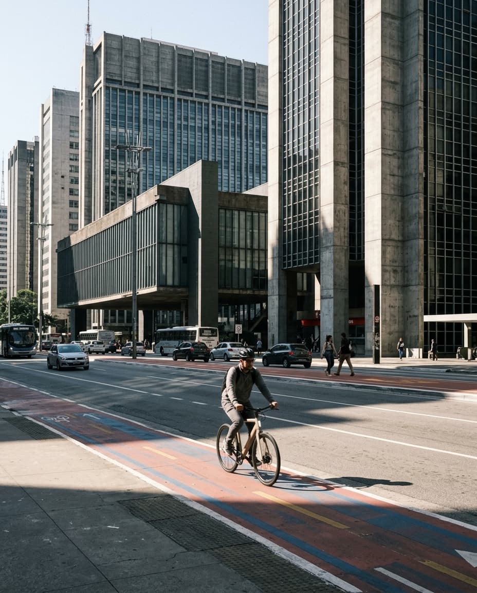 Ciclista na ciclovia de uma avenida entre prédios altos, sob sol de meio-dia