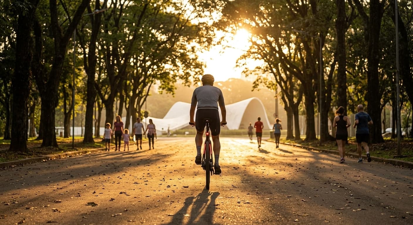 Ciclista visto de costas em uma alameda arborizada de parque, contra o sol do fim da tarde
