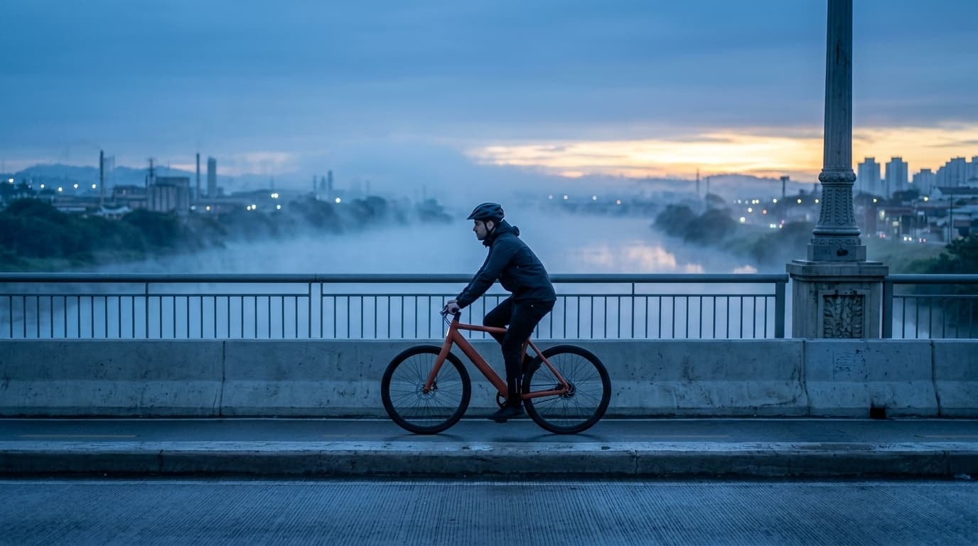 Ciclista atravessando uma ponte ao amanhecer, com névoa sobre o rio