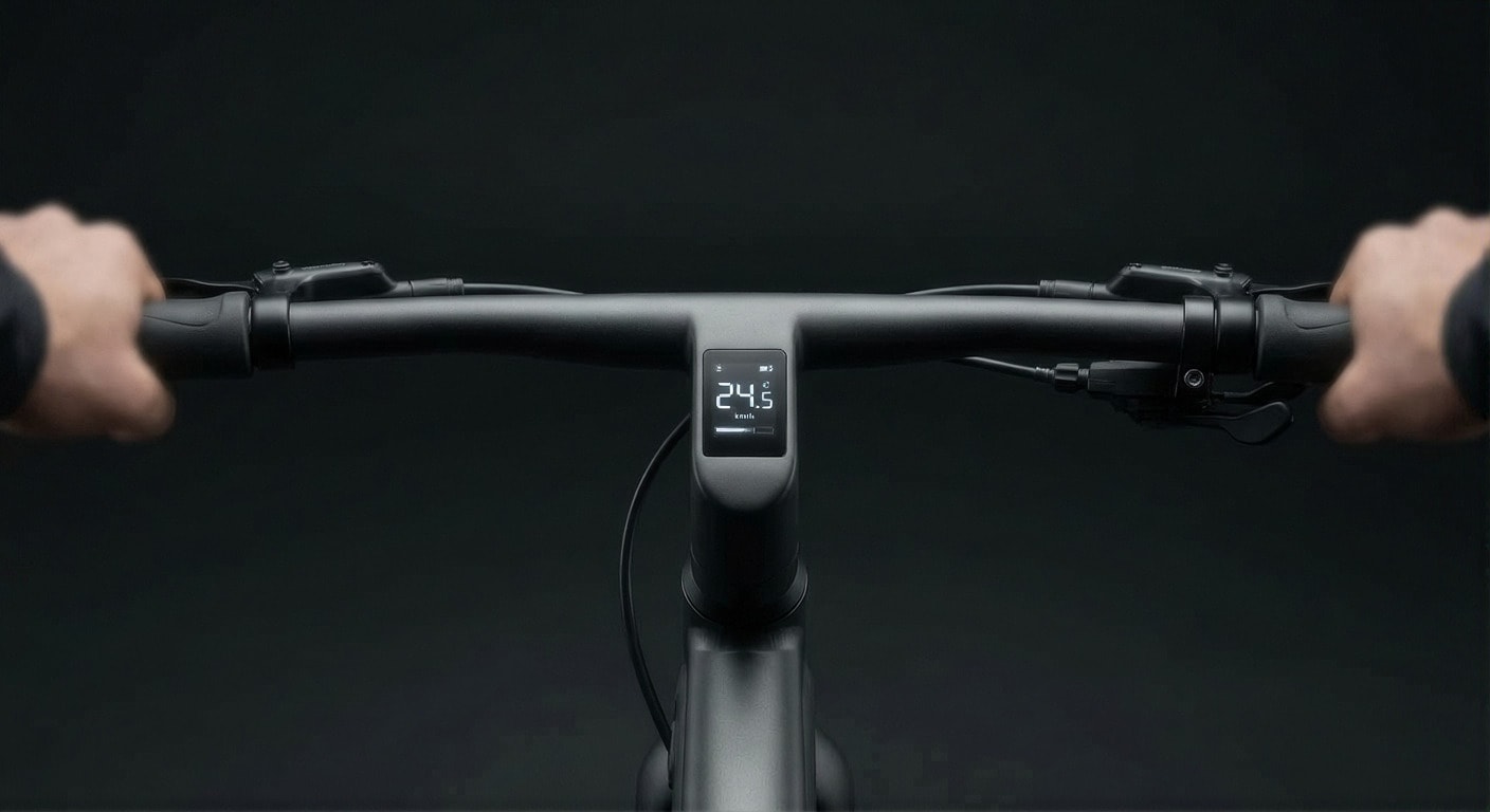 Guidão visto de cima com o display mostrando 24,5 km/h