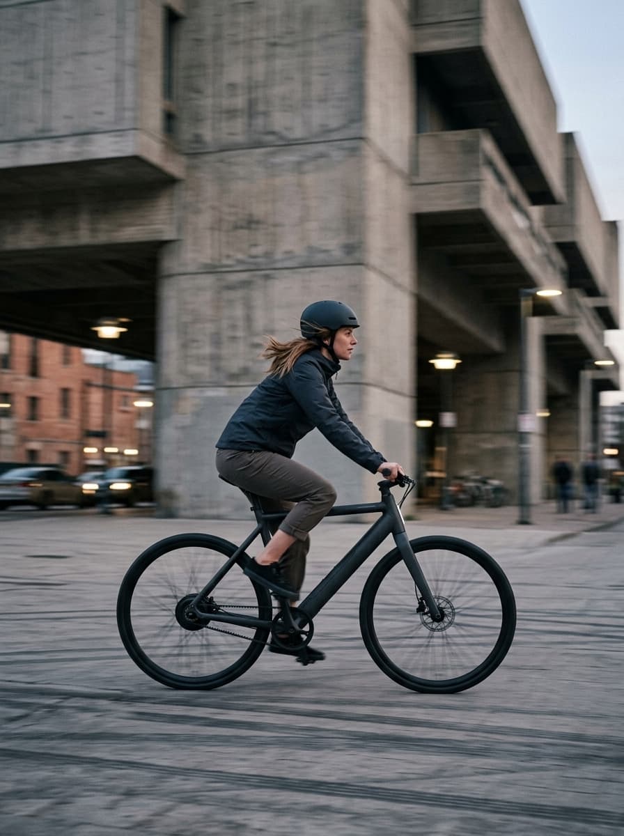 Mulher de capacete pedalando a Volta One em frente a um prédio de concreto