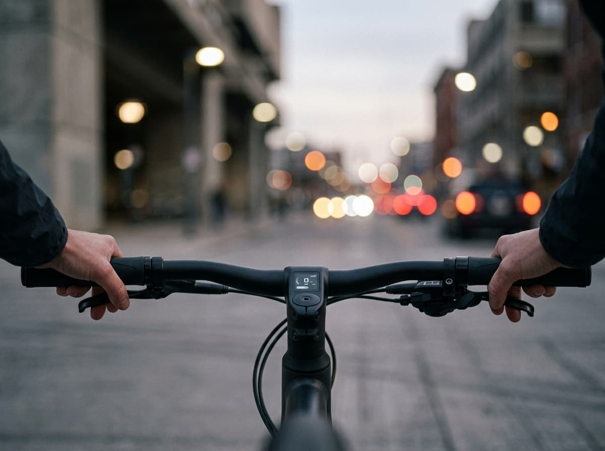Guidão visto por quem pedala, com as luzes da cidade desfocadas ao fundo